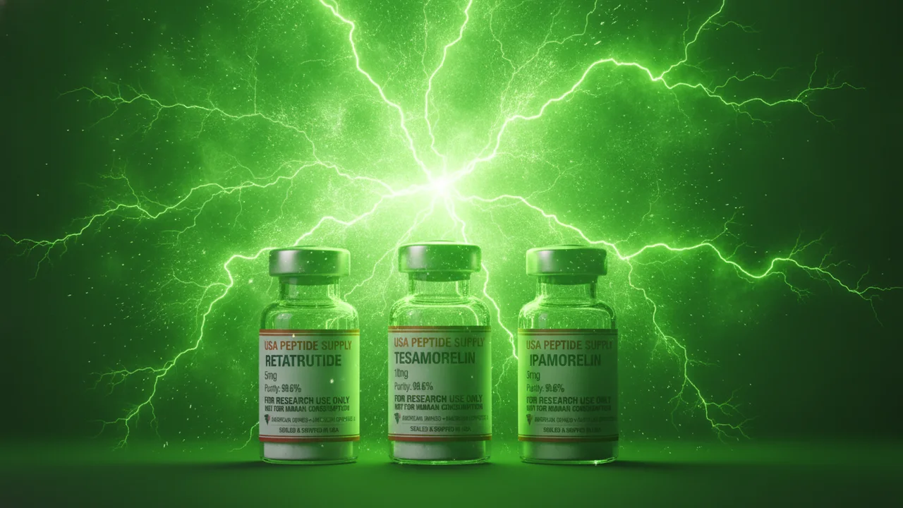 Hulk Stack — Retatrutide, Tesamorelin and Ipamorelin vials in explosive green energy